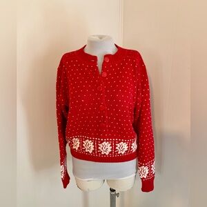 VTG Chinawear Red Cardigan Fair Isle Snowflake Knit Sweater Winter Fisherman M